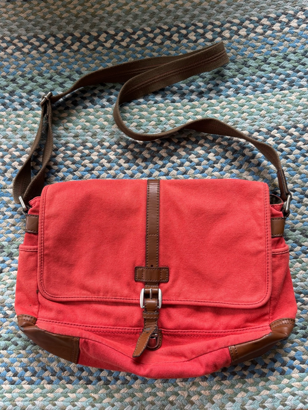 Fossil Canvas Messenger Bag with Brown leather Trim